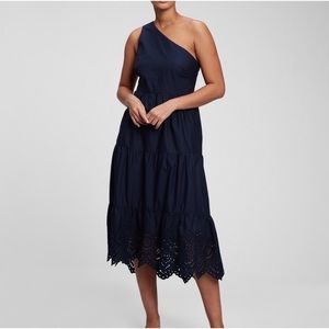 NWT GAP One Shoulder Tiered Eyelet Midi Dress Navy Blue